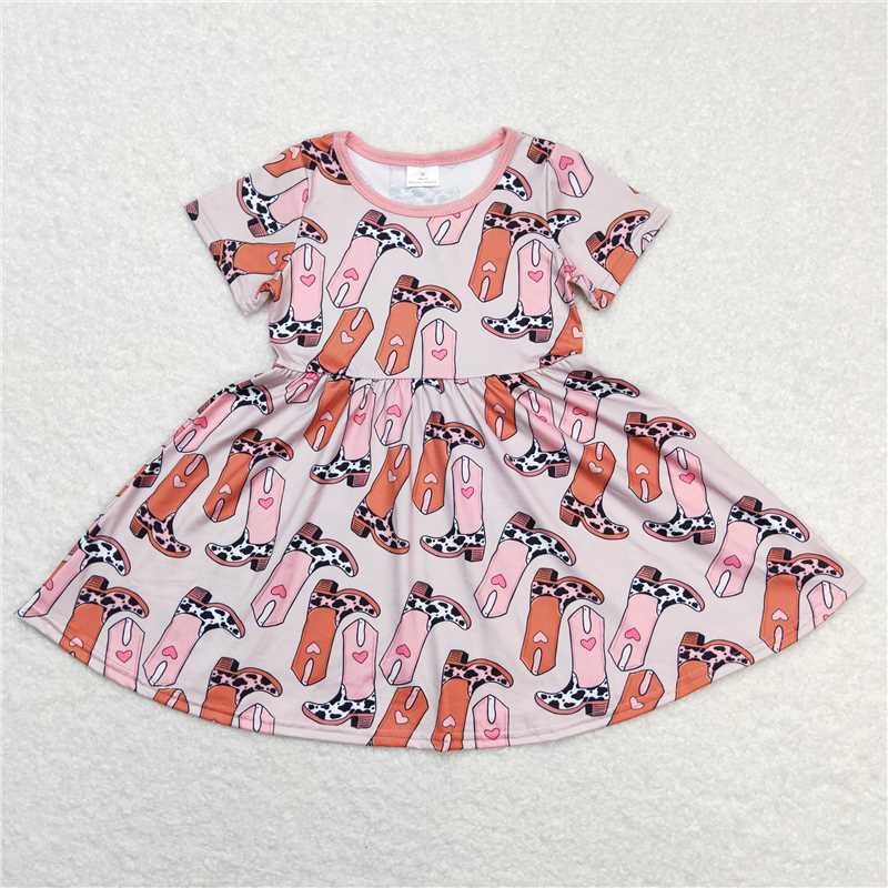 GSD0542 Pink Brown Love Boots Short Sleeve Dress