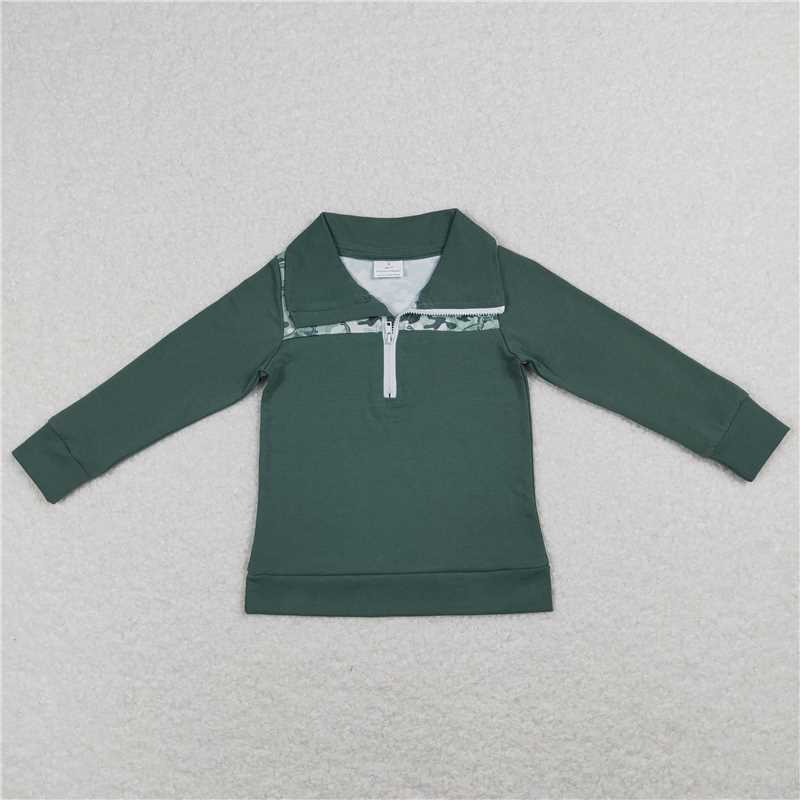 BT0381 Dinosaur dark green zippered long-sleeved top