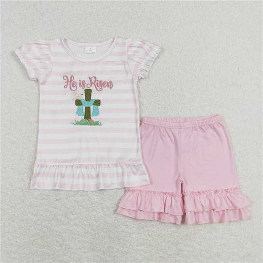 GSSO0382 he is risen embroidered cross pink and white striped short-sleeved shorts suit