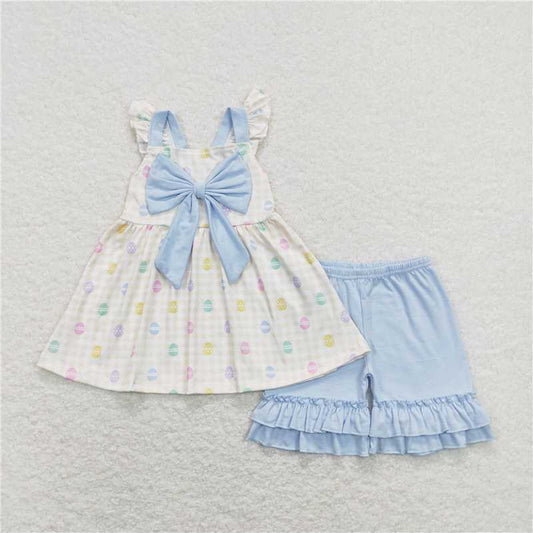 GSSO0420 Easter egg blue bow yellow and white plaid short-sleeved shorts suit