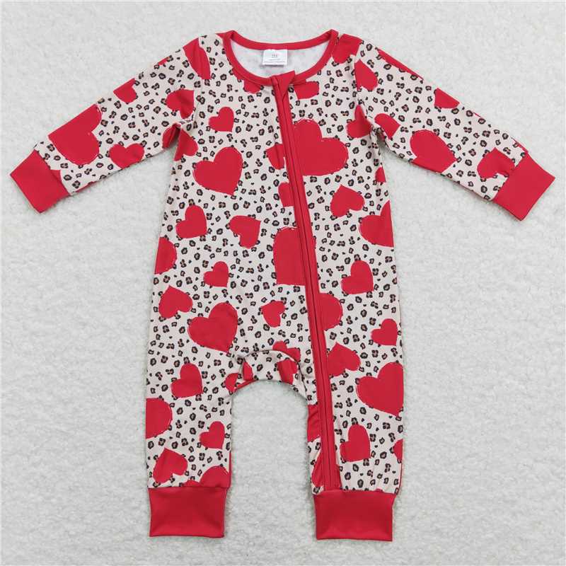 LR0775 Heart leopard print red zipper long sleeve jumpsuit