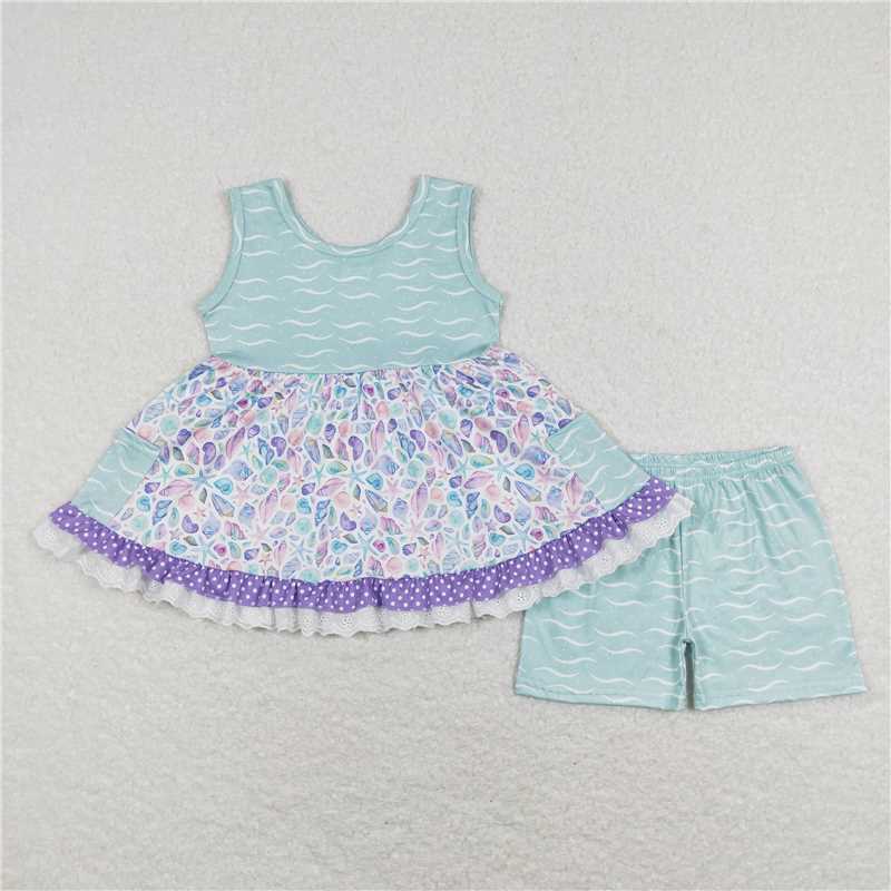 GSSO0404 Starfish shell wavy line pocket lace sleeveless shorts set