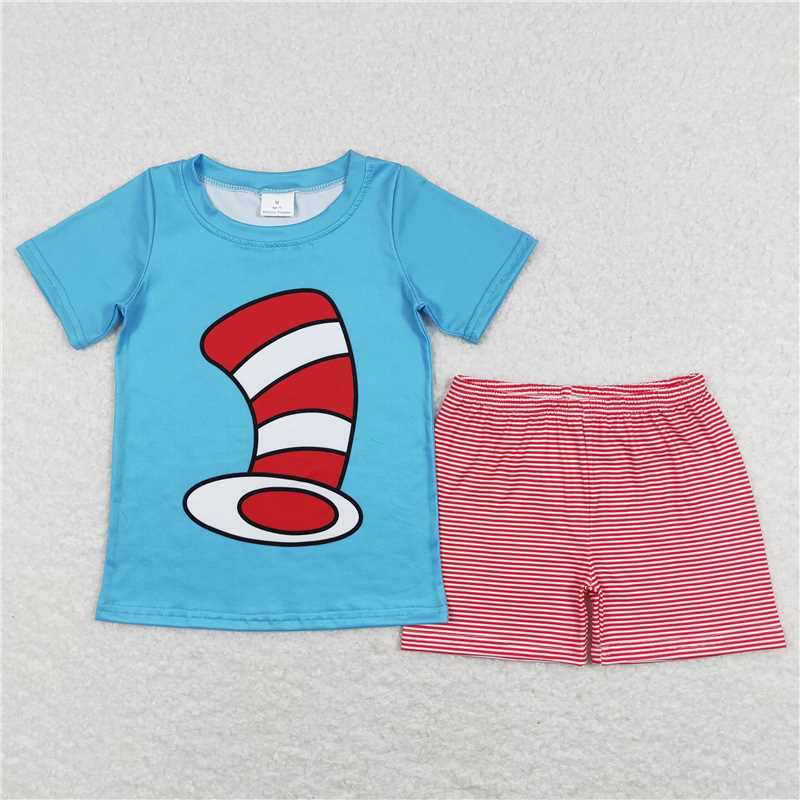 BSSO0346 dr seuss hat blue short sleeves red striped shorts suit