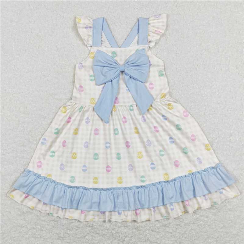 GSD0582 Egg yellow white plaid blue lace bow flying sleeve dress