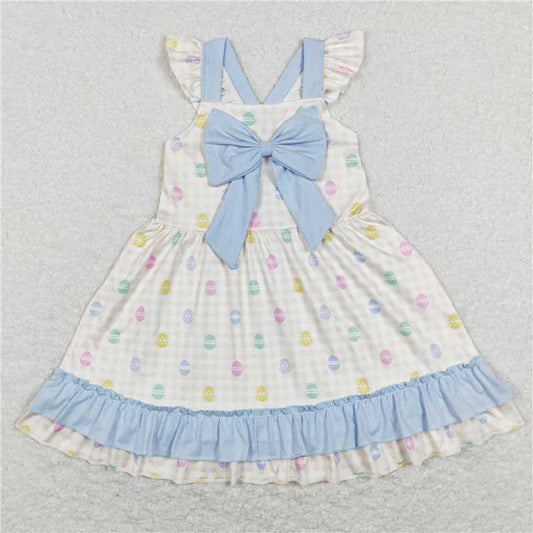 GSD0582 Egg yellow white plaid blue lace bow flying sleeve dress