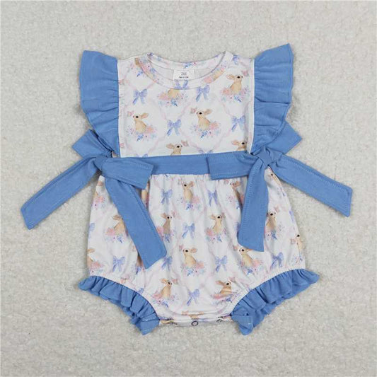 SR0638 Rabbit flower bow blue lace flying sleeve jumpsuit