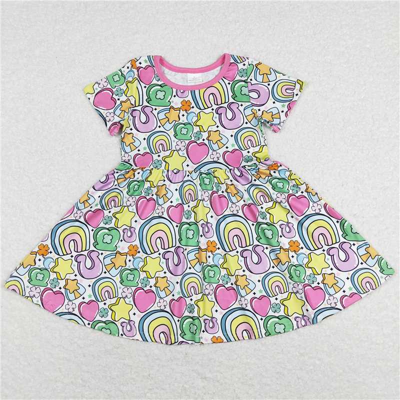 GSD0537 Rainbow Star Heart Four Leaf Clover White Short Sleeve Dress