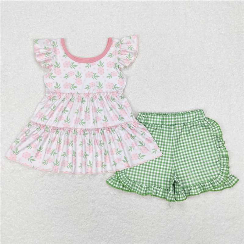 GSSO0440 Pink flower white flying sleeves green plaid shorts suit