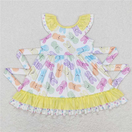 GSD0610 Colorful bunny bow yellow lace flying sleeve dress