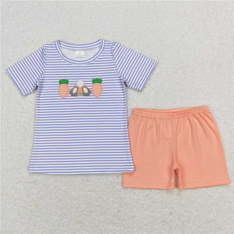 BSSO0301 Embroidered Carrot Rabbit Blue and White Striped Short Sleeve Orange Shorts Set