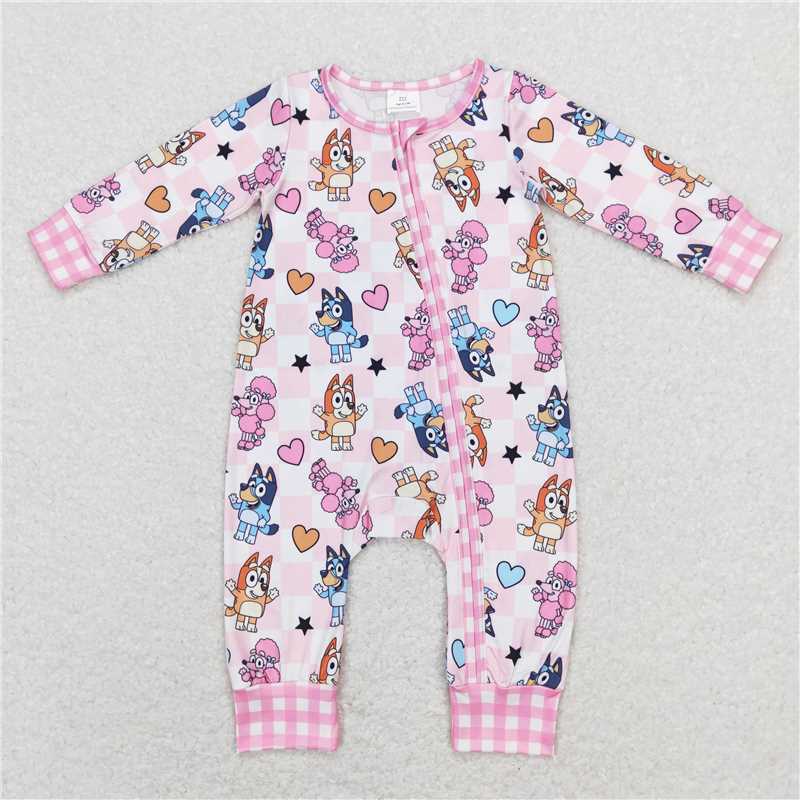 LR0870 bluey love pink and white plaid zipper long-sleeved jumpsuit