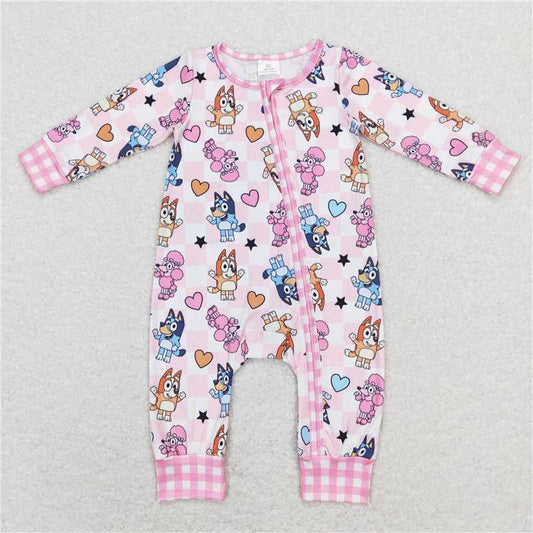 LR0870 bluey love pink and white plaid zipper long-sleeved jumpsuit