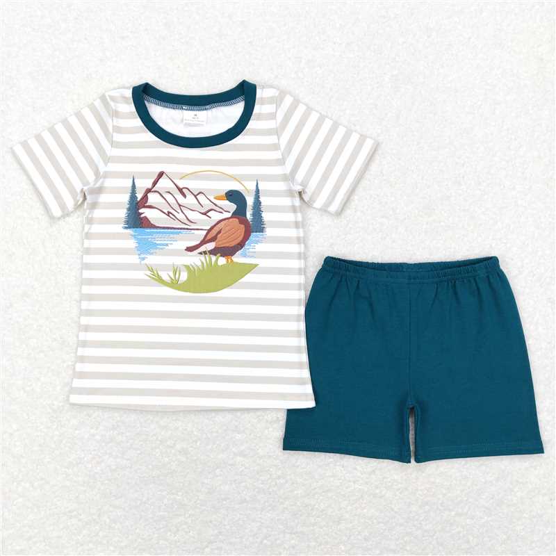 BSSO0307 Duck landscape striped short-sleeved dark green shorts suit