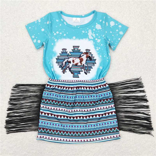 GSD0607 Horse geometric blue short-sleeved fringed skirt suit