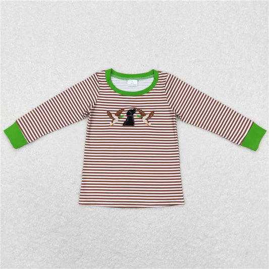 BT0419 Embroidered duck puppy dark brown striped long-sleeved top