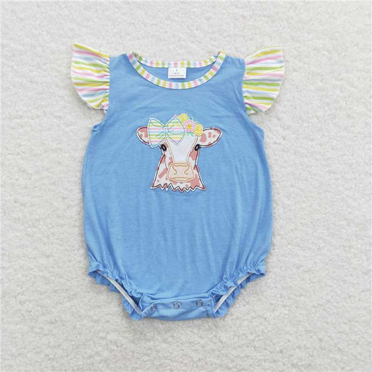 SR0825 Embroidery bow cow color striped blue vest with