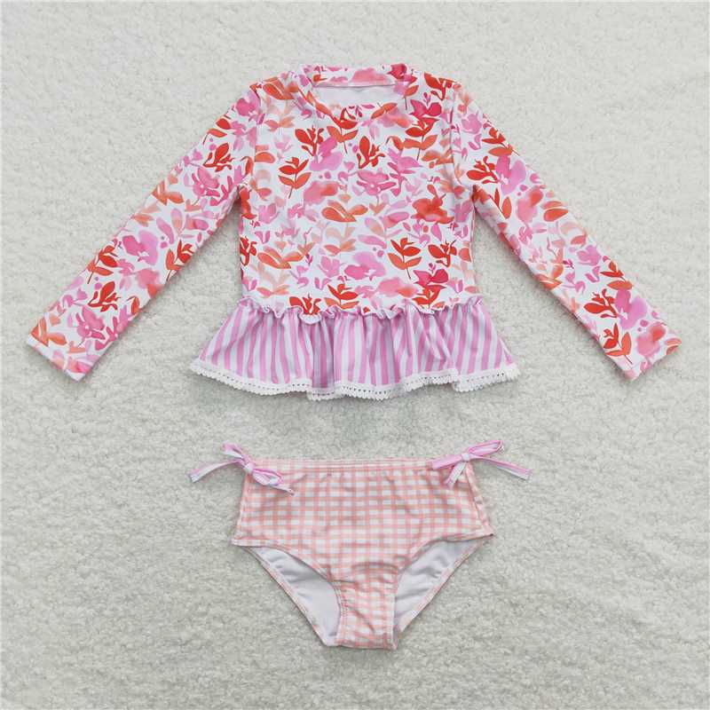 S0166 Floral pink and white striped plaid lace long-sleeved swimsuit