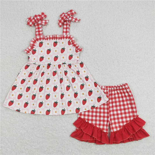 GSSO0588Flower strawberry red plaid lace beige suspender shorts suit