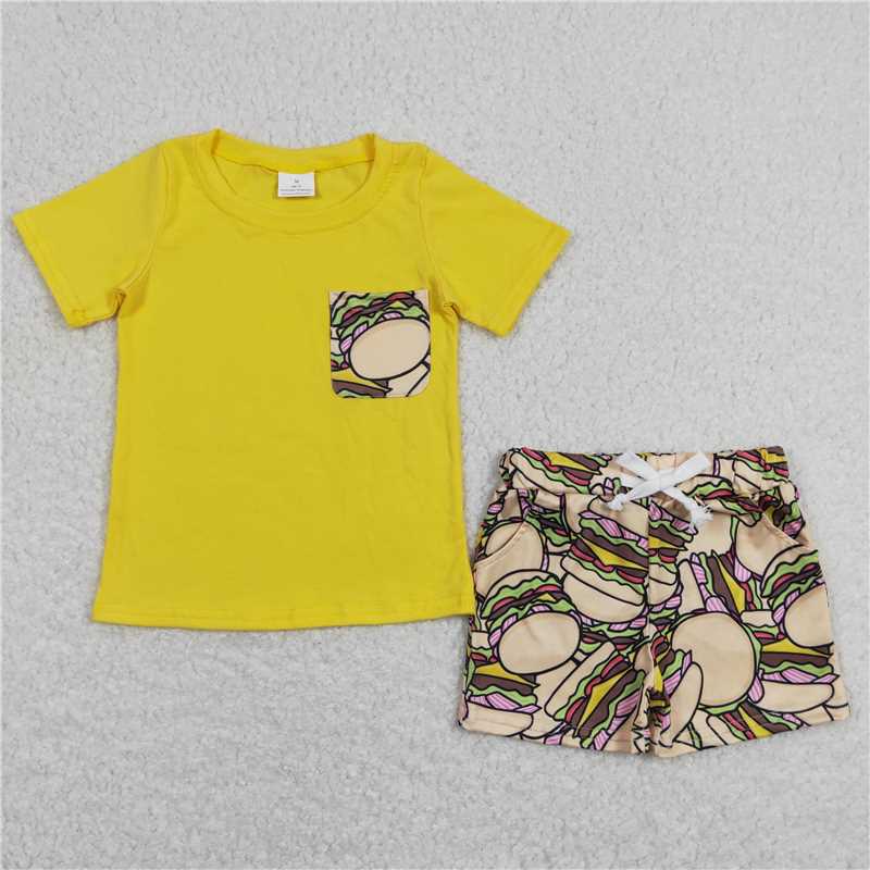 BSSO0547 Hamburger Pocket Yellow Short Sleeve Shorts Set