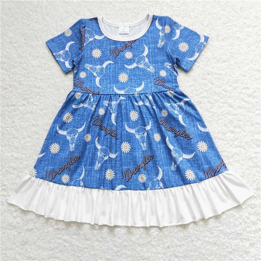 GSD0756 Alpine cow head flower blue and white lace short-sleeved dress