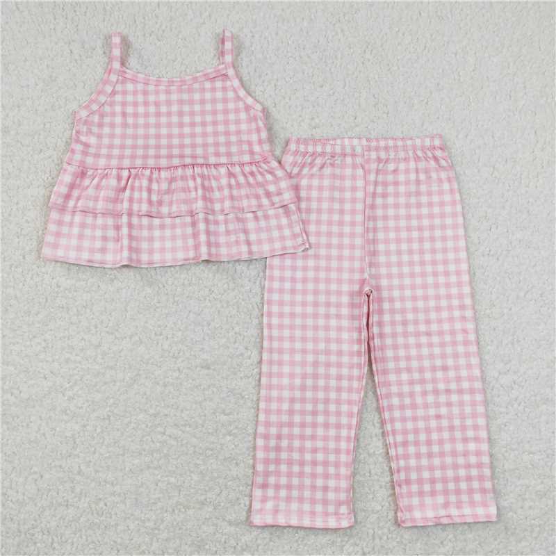 GSPO1380 Pink and white plaid lace suspender trousers suit