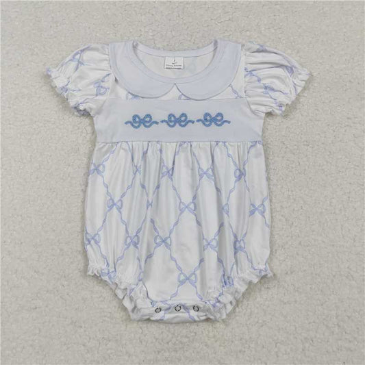 SR1969 Embroidered blue bow pattern short-sleeved baby collar bodysuit