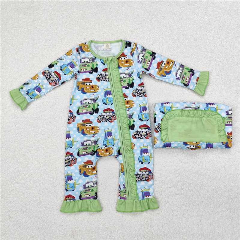 LR1623 Modal cars cartoon car white cloud lace blue green zipper long sleeve jumpsuit