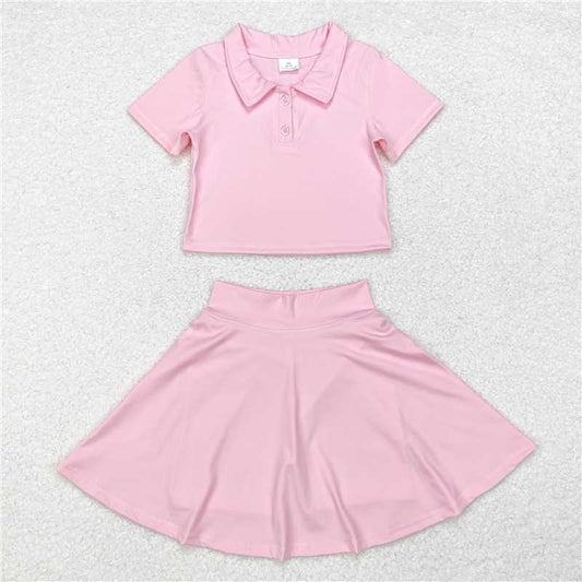 GSD1393 Pure pink short-sleeved skirt yoga suit