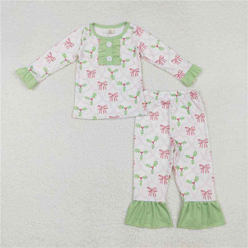 GLP1487 Modal pink bow pattern leaves green lace white long sleeves and long pants pajamas set