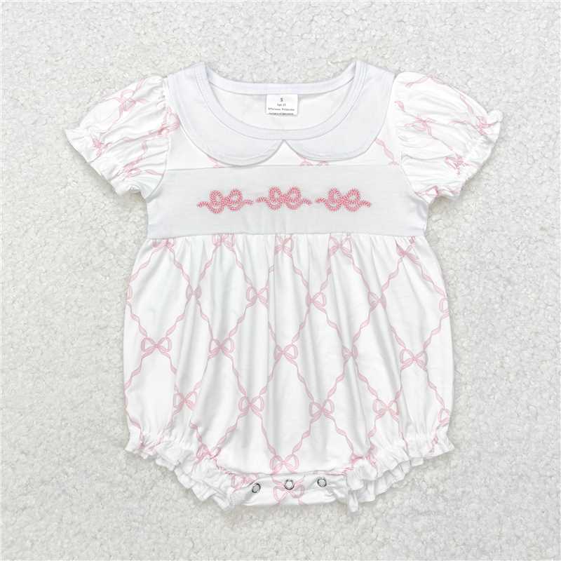 SR1967 Embroidered pink bow pattern short-sleeved baby collar bodysuit