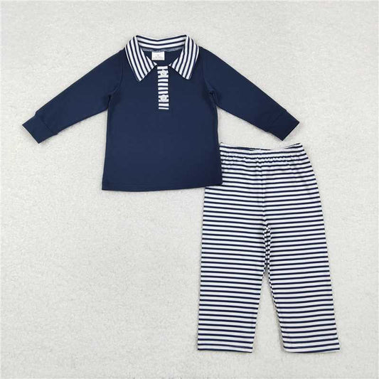 BLP0897 Striped collar navy blue long-sleeved trousers suit