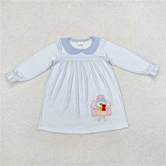 GLD0603 Embroidered turkey stripe blue doll collar long-sleeved dress