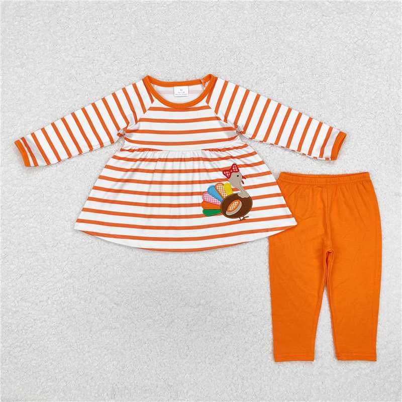 GLP1604 Embroidered bow turkey orange striped long sleeve trousers set