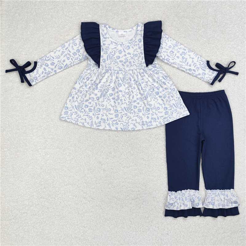 GLP1828 White long-sleeved trousers set with flower and leaf navy blue lace