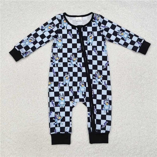 LR1910 Cartoon bluey blue black plaid zipper long-sleeved jumpsuit