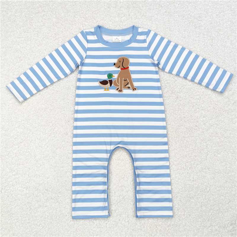 LR1644 Embroidered duck and puppy blue and white striped long-sleeved jumpsuit