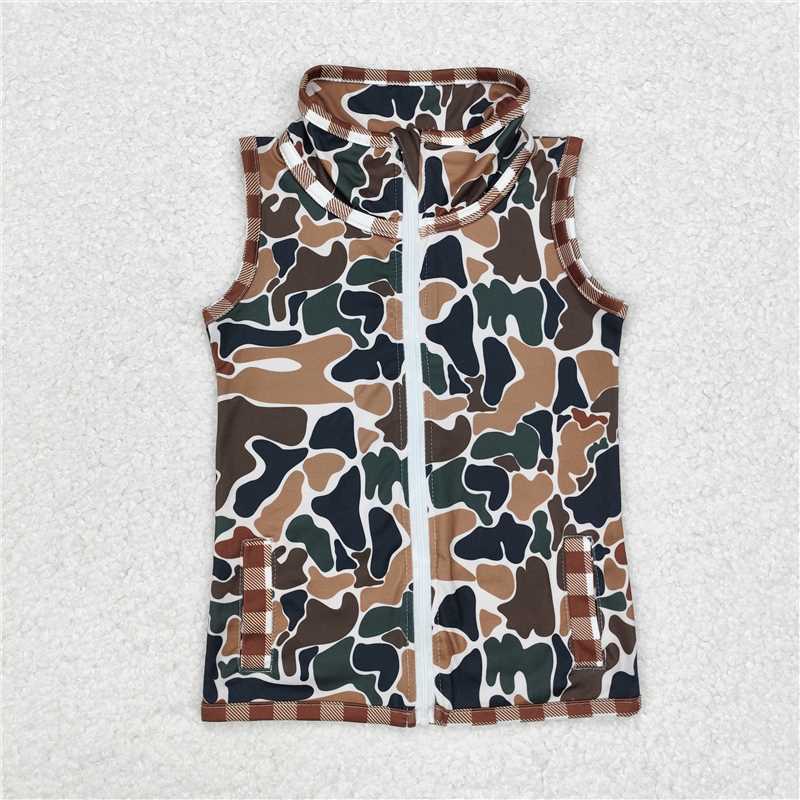 BT0856 Beige sleeveless zip-up vest with brown plaid trim and camouflage pattern