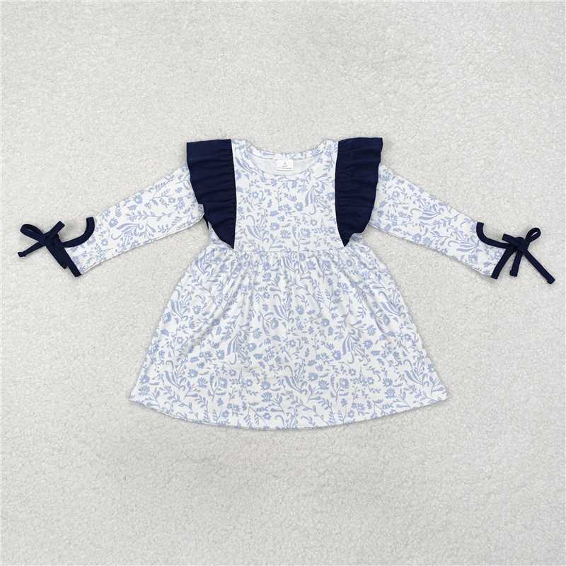 GLD0836 White long-sleeved dress with navy blue lace and flowers and leaves