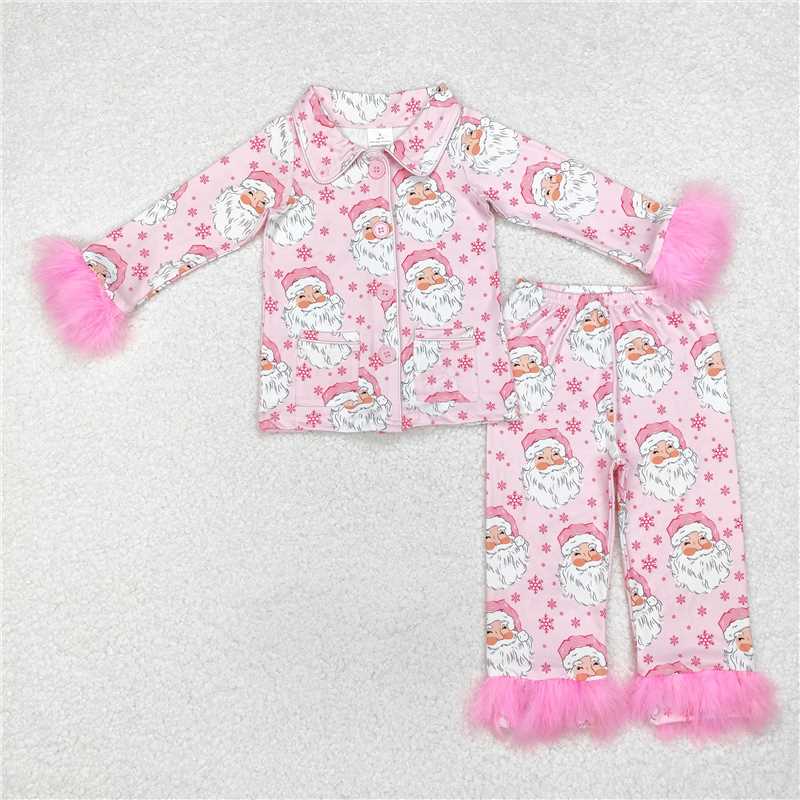 GLP1900 Santa Claus snowflake pink plush edge long sleeve long pants pajamas set