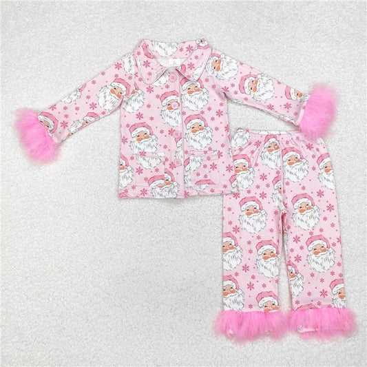 GLP1900 Santa Claus snowflake pink plush edge long sleeve long pants pajamas set