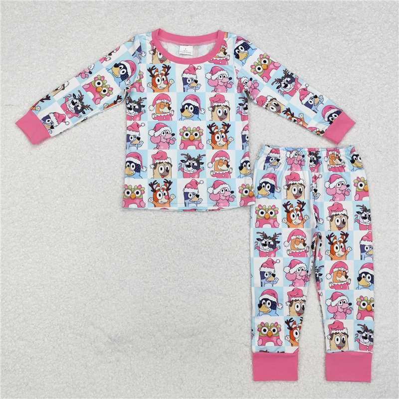 GLP1805 bluey Christmas pink-edged blue and white plaid long-sleeved trousers pajamas set