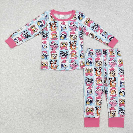 GLP1805 bluey Christmas pink-edged blue and white plaid long-sleeved trousers pajamas set