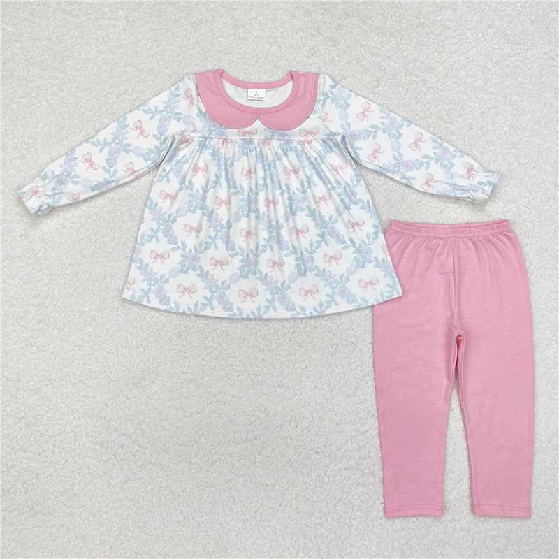 GLP1876 Bow pattern flower leaf pink doll collar white long sleeve trousers suit