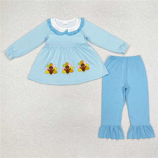 GLP1768 Embroidered turkey collar blue striped long sleeve trousers suit