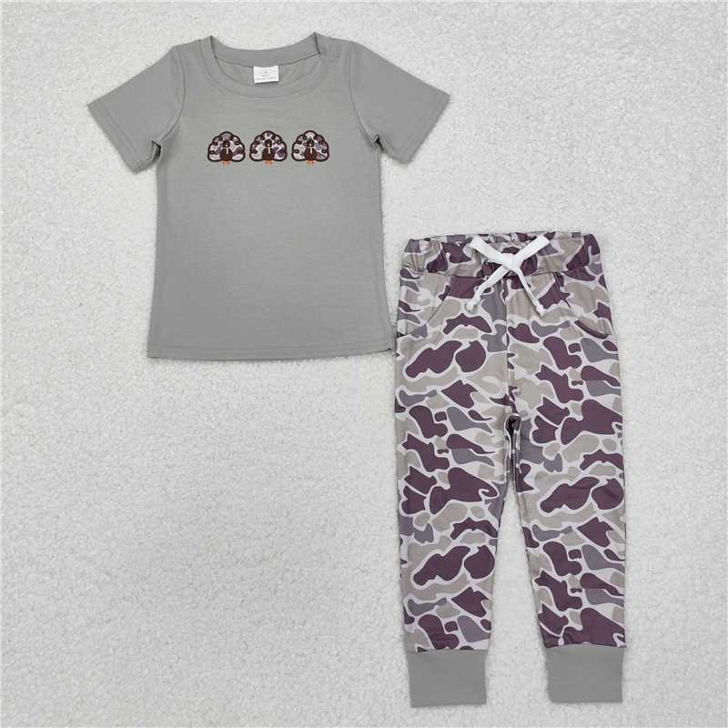 BSPO0482 Embroidered camouflage turkey grey short-sleeved trousers set