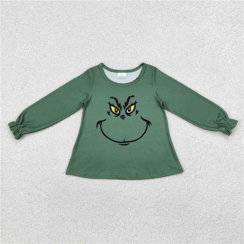 GT0610 Grinch smiley face lace green long-sleeved top