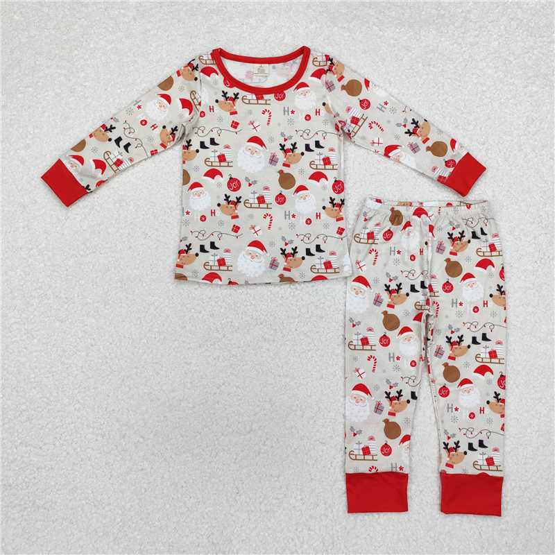 BLP0662 Modal Santa Claus reindeer gift brown red long sleeve long pants pajamas set