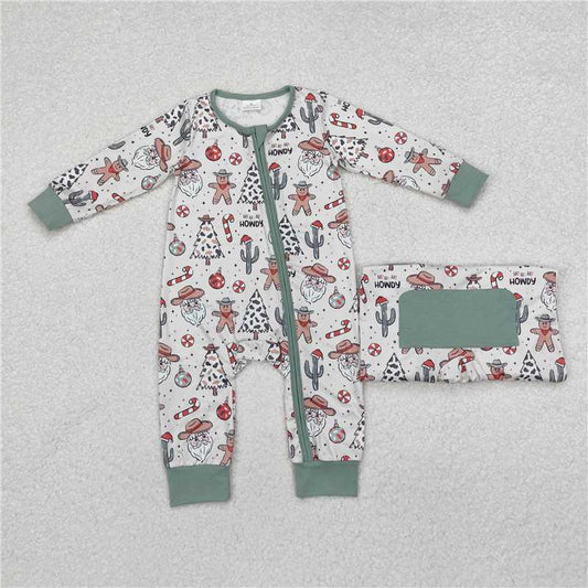 LR1674 Cowboy hat Santa Claus cactus gingerbread man beige green zipper long sleeve jumpsuit