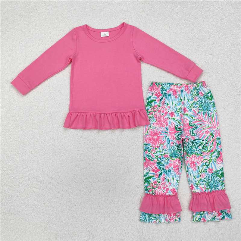 GLP1461 Pure light rose red long-sleeved flower leaf trousers suit