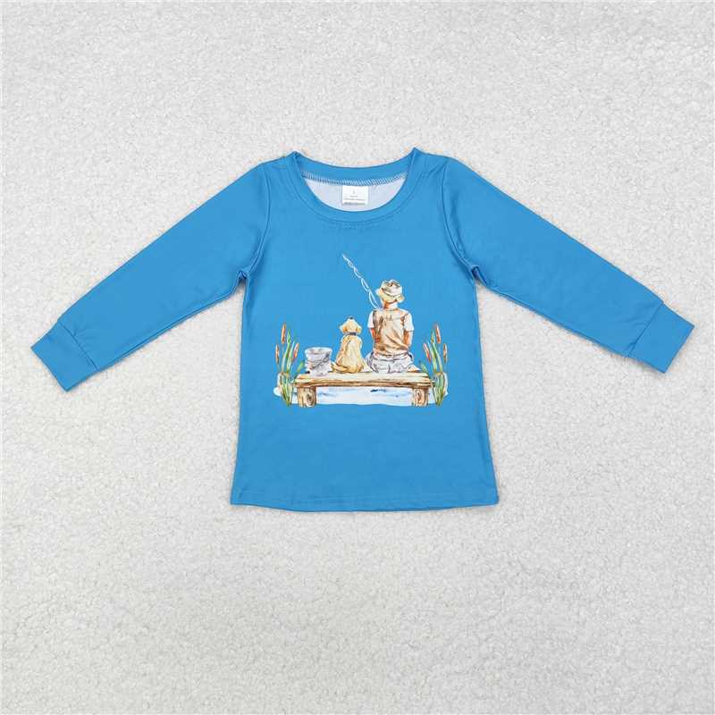 BT0895 Puppy boy fishing blue long sleeve top